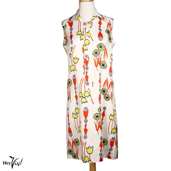 Vintage Ship n Shore Sleeveless Dress Yellow Red Daisy Print L B36 W36 - Hey Viv - Picture 6 of 8